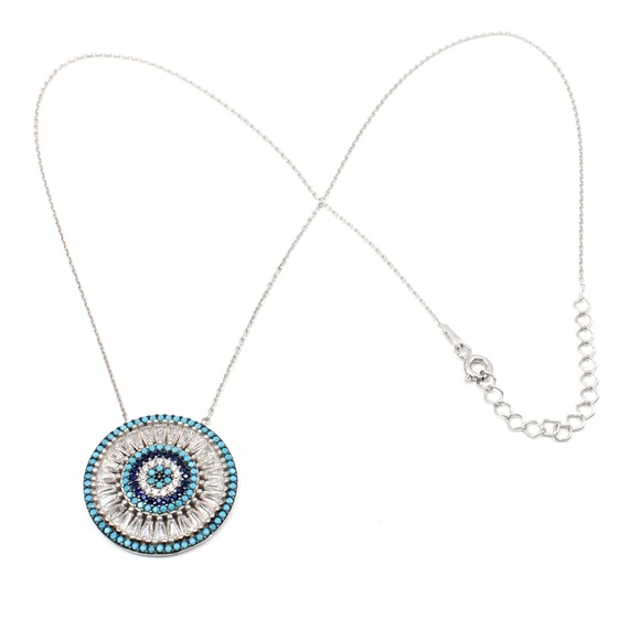 TURQUOISE EVIL EYE CIRCLE BAGUETTE CUT CZ NECKLACE - Picture 3 of 3